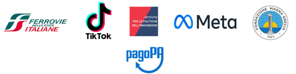 Immagine raffigurante i Loghi dei Partner: Ferrovie dello Stato Italiane, Tik Tok, Istituto per le politiche dell'innovazione, Meta, Fondazione Magna Grecia, PagoPA