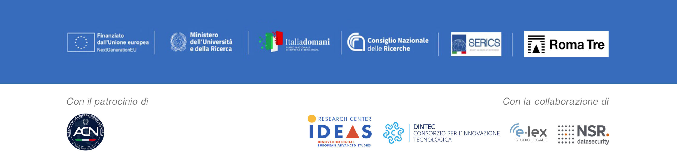 Immagine raffigurante loghi PNRR e patrocinio ACN e Collaborazioni elex ideas dintech